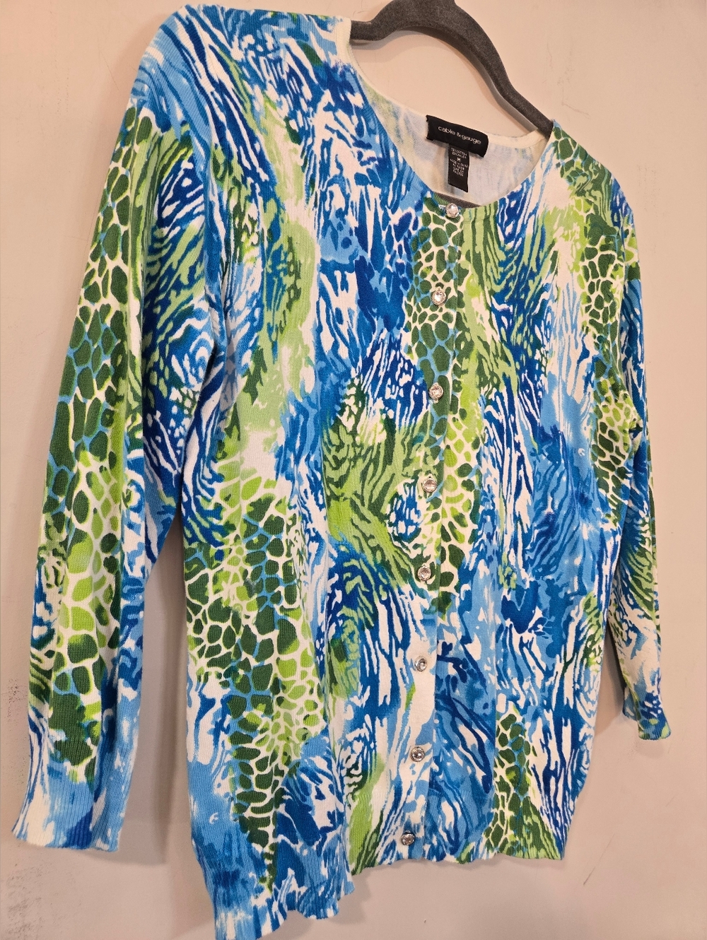 Cable & Gauge Blue Green White Printed Cardigan.  Pristine Condition.